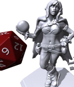 3D model of an adventuring warlock holding an orb and wearing a scowl. A red d20 is next to tge model for scale. 