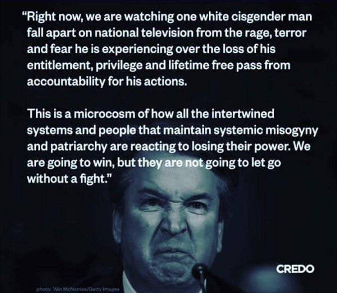 This quote is superimposed over the pinched face of Kavanaugh: "Right now, we are watching one white cisgender man fall apart on national television from the rage, terror, and fear he is experiencing over the loss of his entitlement, privilege, and lifetime free pass from accountability for his actions. This is a microcosm of how all the intertwined systems and people that maintain systemic misogyny and patriarchy are reacting to losing their power. We are going to win, but they are not going to let go without a fight."